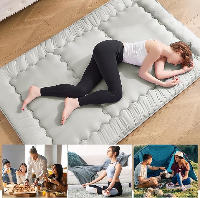 Japanese Floor Futon Mattress Full Size, 25D High Density Support Foam, 4" Thicken Foldable Mattress Tatami Mat Sleeping Pad Suitable for Camping, Guest Room, Light Grey 54"x 80"