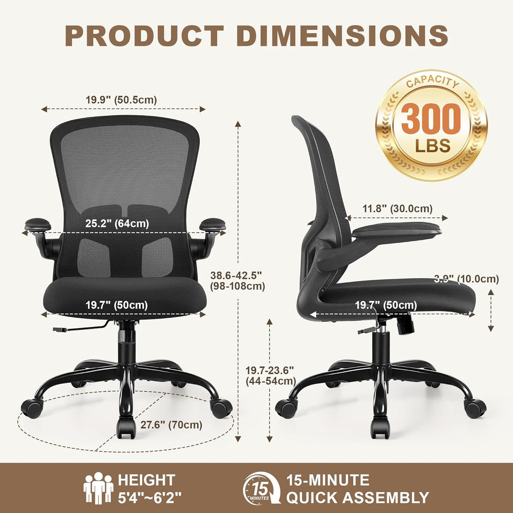 FelixKing Office Chair, Ergonomic Desk Chair with Wheels, Adjustable Lumbar Support & Height, 360° Swivel Mesh Computer Chair with Flip-up Arms (Black)