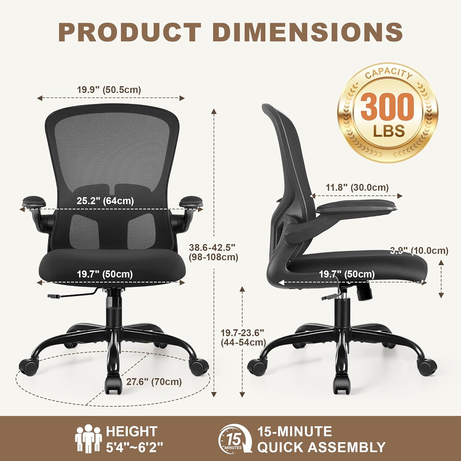 FelixKing Office Chair, Ergonomic Desk Chair with Wheels, Adjustable Lumbar Support & Height, 360° Swivel Mesh Computer Chair with Flip-up Arms (Black)