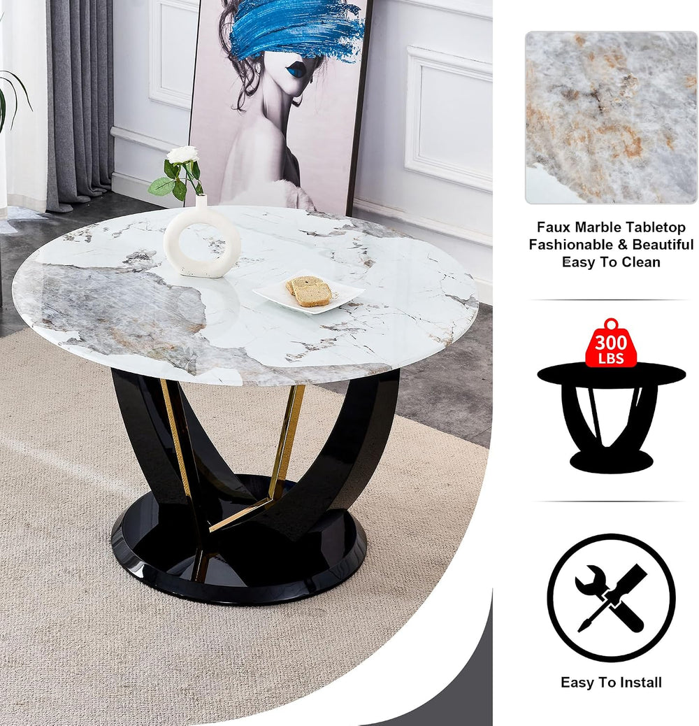 JUFU 48 Inch Round Dining Table for 4 to 6, Faux Marble Look, Modern Circle K...