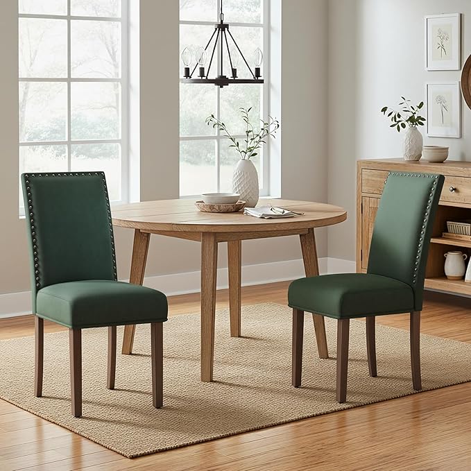 COLAMY Green Velvet Dining Chairs Set of 6 – Upholstered Kitchen & Dining Room Chairs with Nailhead Trim, Soft High-Density Cushion and Solid Wood Legs for Dining Room, Kitchen, Living Room