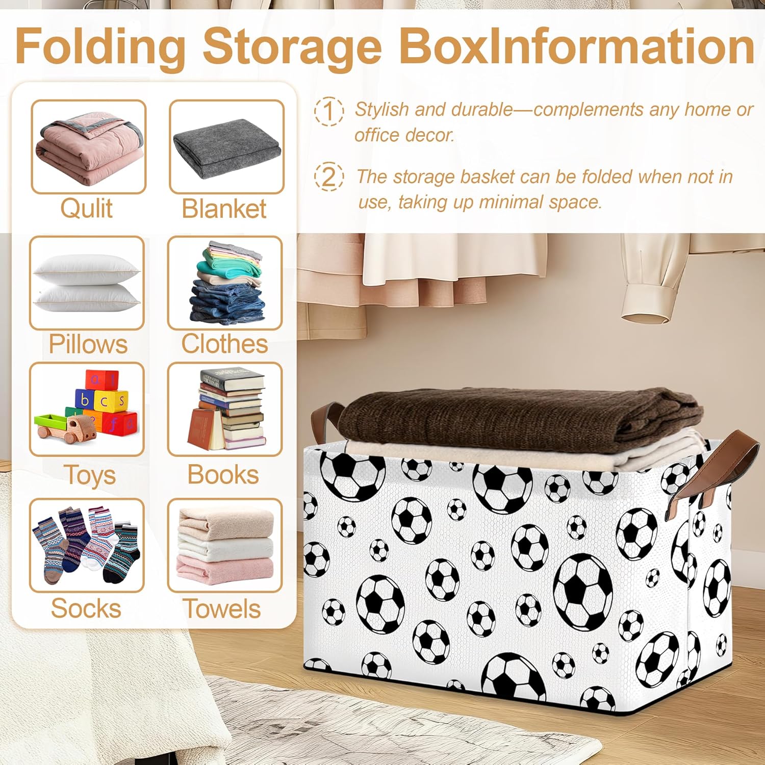 Black Soccer Football Storage Bins with Handles, Collapsible Storage for Clothes, Gift Basket, Blankets & Closet Organization