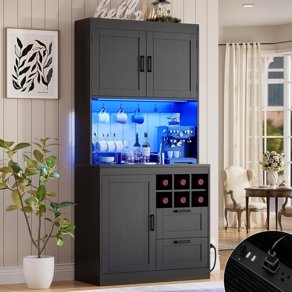 Unikito 72" Tall Kitchen Pantry Cabinet with LED Light & Outlet, Bla...