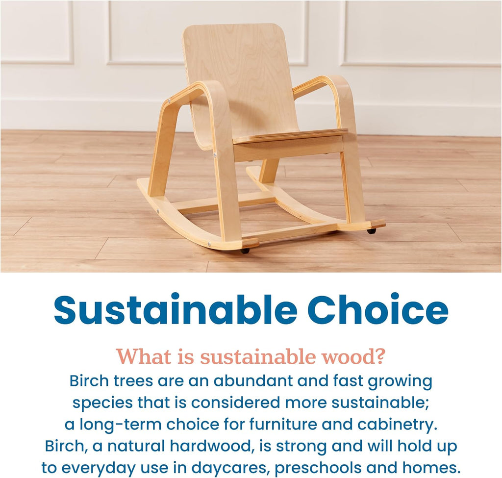 ECR4Kids Bentwood Rocking Chair with Armrests and Cushion, Natural | Durable birch, GREENGUARD Gold Certified, 2-5 years, 74 lb capacity, Montessori seating, plush sherpa cushion, classroom/home
