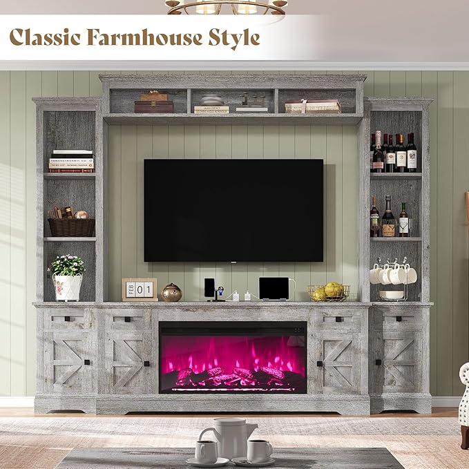 AMERLIFE 98in Farmhouse Entertainment Center with 36" Fireplace, TV Stand, Bookshelves, Wine Cabinet, Fits 75" TVs, Large Wall Unit Media Console with Power Outlets & Barn Doors, Living Room, Grey