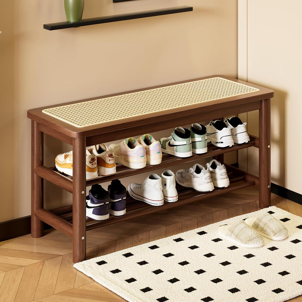 Bamboo Entryway Bench with Woven Rattan Seat, 2-Tier Shoe Storage Bench for H...