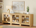 WAMPAT Farmhouse TV Stand for TVs up to 85”, Rustic Wood Entertainment Center with Adjustable Shelf, Glass Doors & Storage, Media Console Cabinet for Living-Room, Bedroom, Oak
