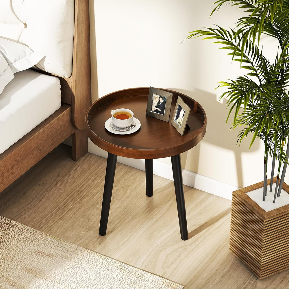 Giantex Round End Table, Mid Century Modern Side Table with Wooden Tray &...
