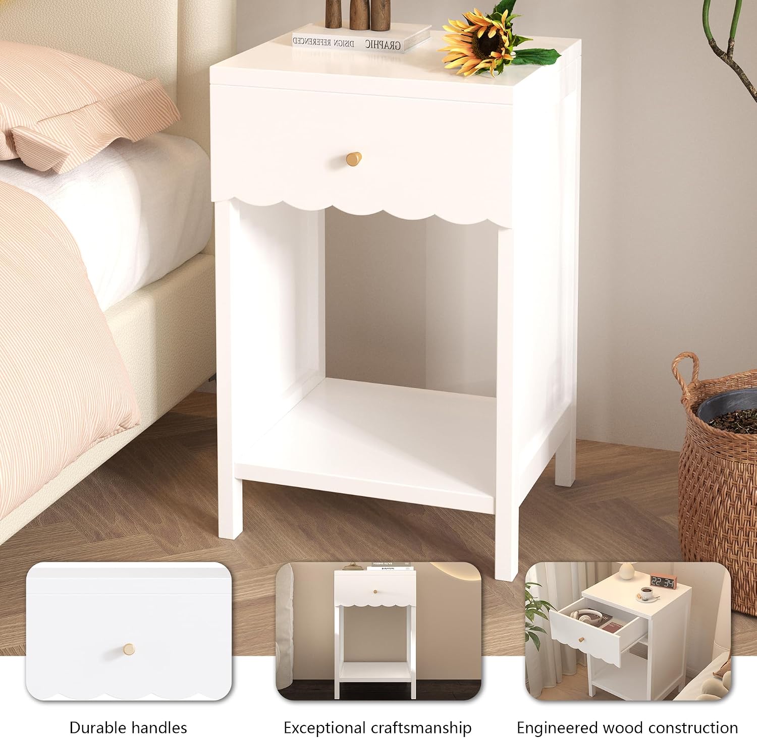 Night Stand Nightstand with Drawer and Open Shelf, Cute Scalloped Edge Bedside Table for Girls Bedroom, Modern Wood End Table, Coquette Preppy Room Decor Bedroom