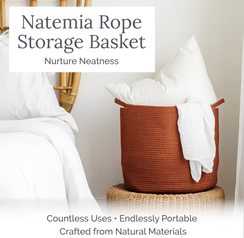 Natemia Large Woven Storage Basket (15" x 15" x 14") - Baby & Toy Organizer, Blanket Basket, Perfect Baby Registry Gift