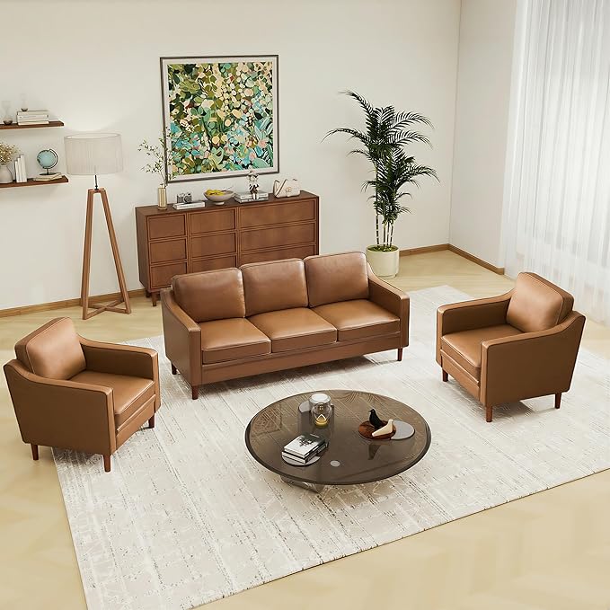Kingfun Living Room Furniture Sets, 3 Seater Couch and 2 Armchair, Mid Century Modern Sofa Set, Faux Leather Couch with Solid Wood Frame for Living Room & Bedroom, Brown