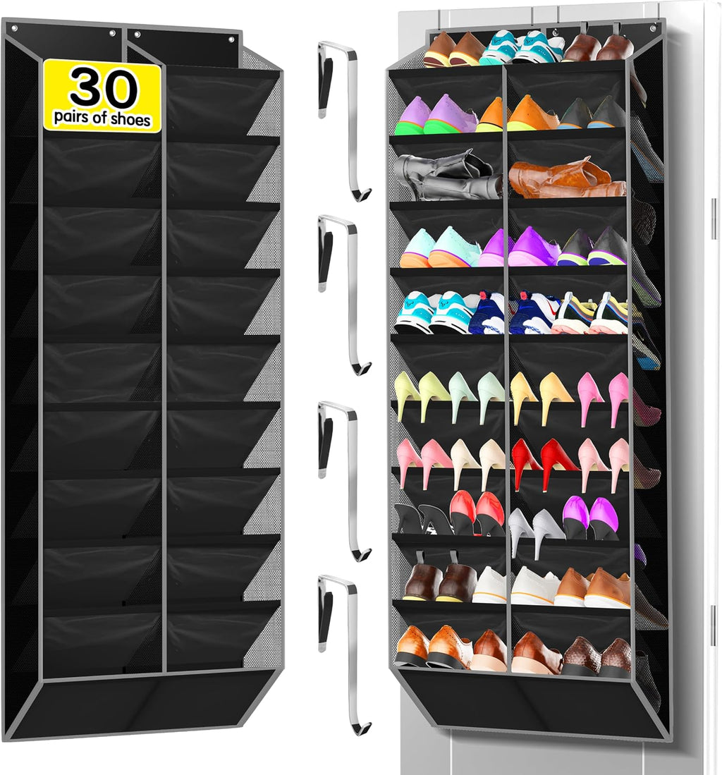 Kotkn 10-Tier Over the Door Shoe Organizer, 20 Pockets Holds 20-30 Pairs, Heavy-Duty Oxford Fabric with Hexagon Mesh for Boots & Sneakers-Black
