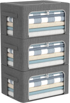 CYhom 3Pack Foldable Storage Bins - Frame Storage Box Linen Fabric Stackable Clothes Container Organizer with Clear Window & Carry Handles Large Capacity (Small-22L, Dark Gray)