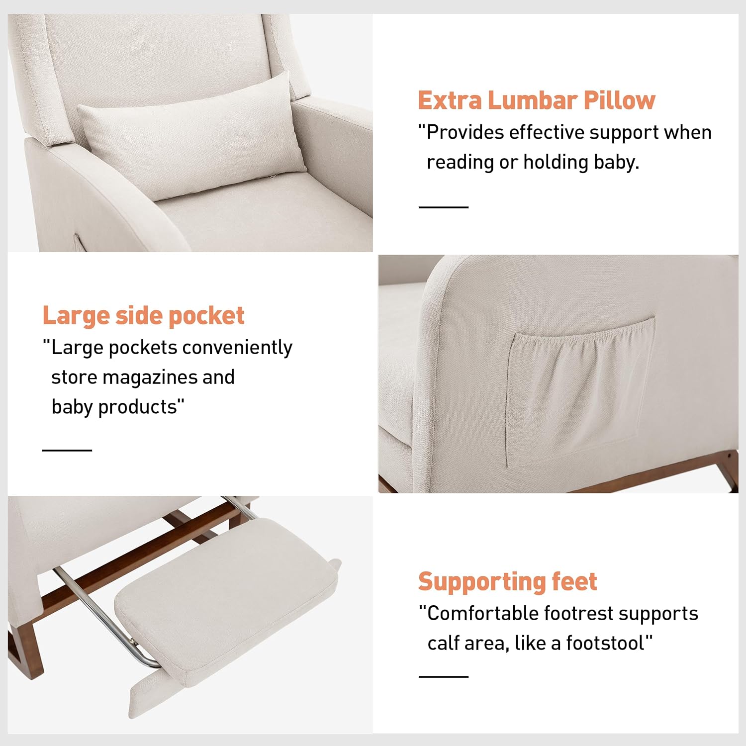 Nursery Rocking Chair with Footrest, Glider Rocking Nursing Chair Indoor, Upholstered Accent Nursery Glider Chair Rubber Wood Legs for Baby Nurser, Bedroom, Living Room, Beige