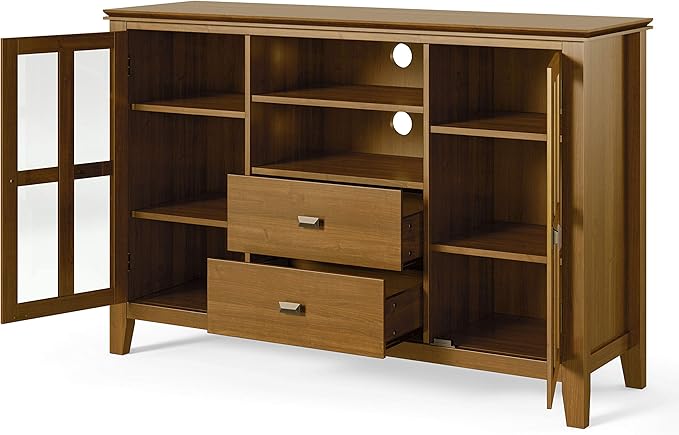 SIMPLIHOME Artisan TV Stand - 53 inch Wide Solid Wood Tall Media Console in Honey Brown, Contemporary Entertainment Center for Living Room for TVs up to 60 Inches with Drawers and Cable Management