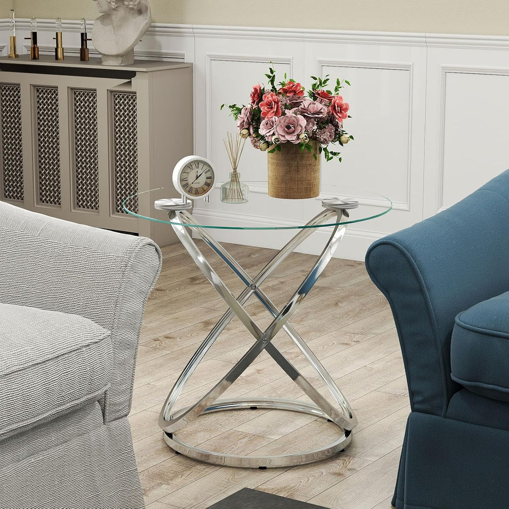 OIOG Glass Round End Table, Modern Contemporary Side Table for Small Space wi...