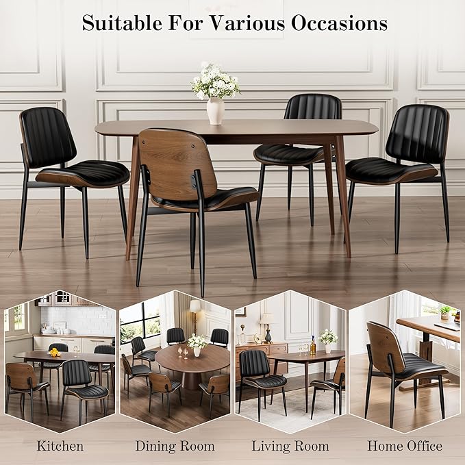 Dining Chairs Set of 4, Mid-Century Modern Upholstered PU Leather Chairs with Walnut Bentwood Back and Metal Legs Adjustable Feet for Kitchen Dining Living Room, Dark Black Vertical Stripes