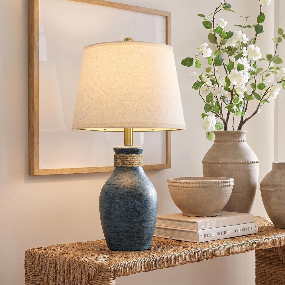 USumkky 22.5" Farmhouse Ceramic Table Lamp Coastal Bedside Lamp Blue‑Grey