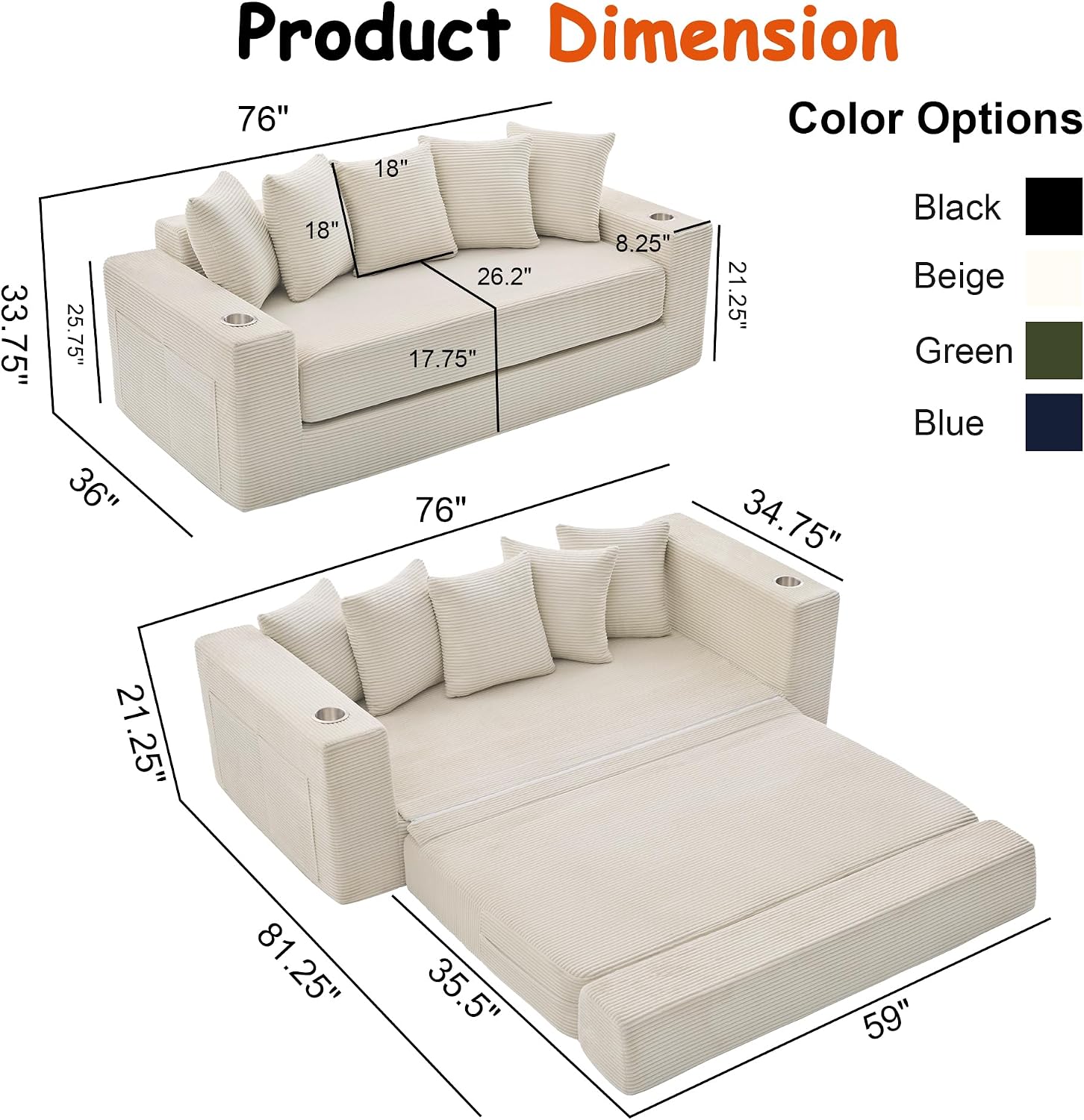 76" Convertible Sofa Bed, Corduroy Boneless Couch with Cup Holders & Pocket | 2-in-1 Sleeper Sofa, Pull-out Couch Bed with 5 Pillows, Living Room, Small Spaces, Bedroom, No Assembly