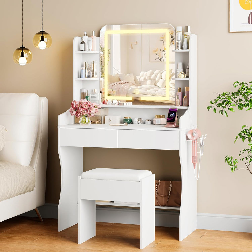 wanan Vanity Desk with Mirror and Lights, Makeup Vanity with 3 Color Adjustab...
