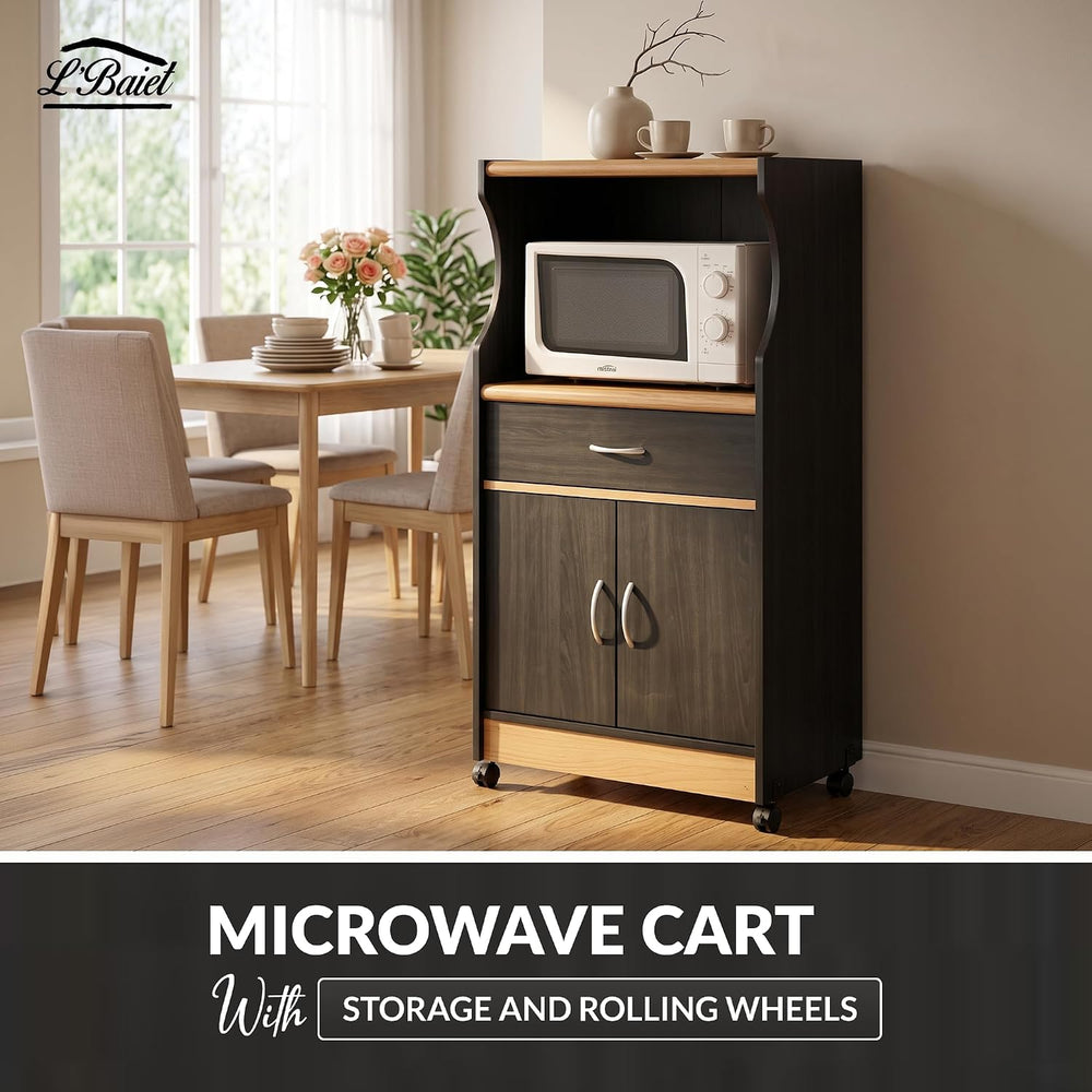 L'Baiet Rolling Kitchen Cart with Microwave Shelf & Cabinet, Black
