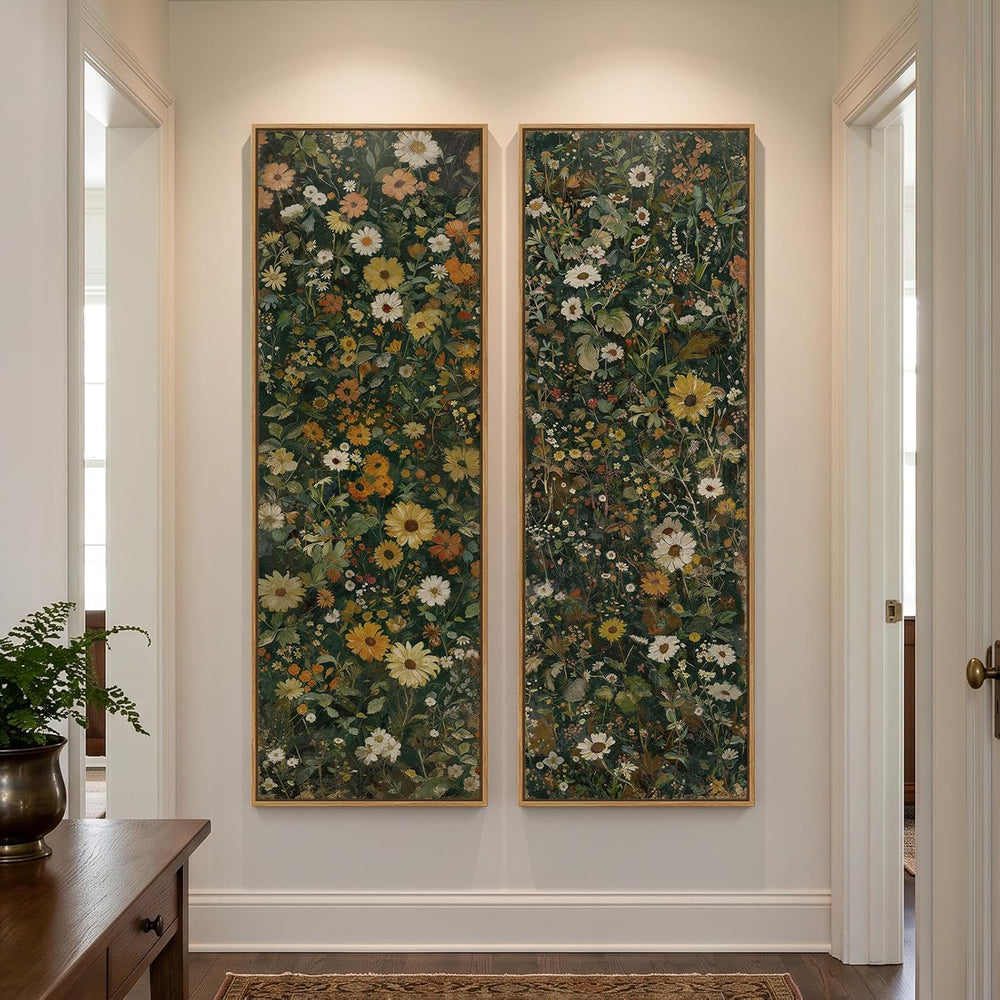 Large Framed Vintage Long Narrow Floral Wall Art for Living Room, 60x20 In