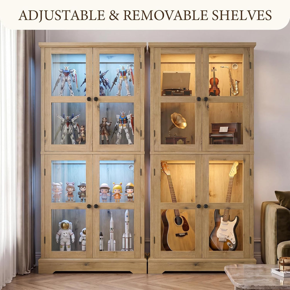 68" Tall Glass Display Cabinet with RGB LED Lights, Yellow Oak | 4-Tier ...