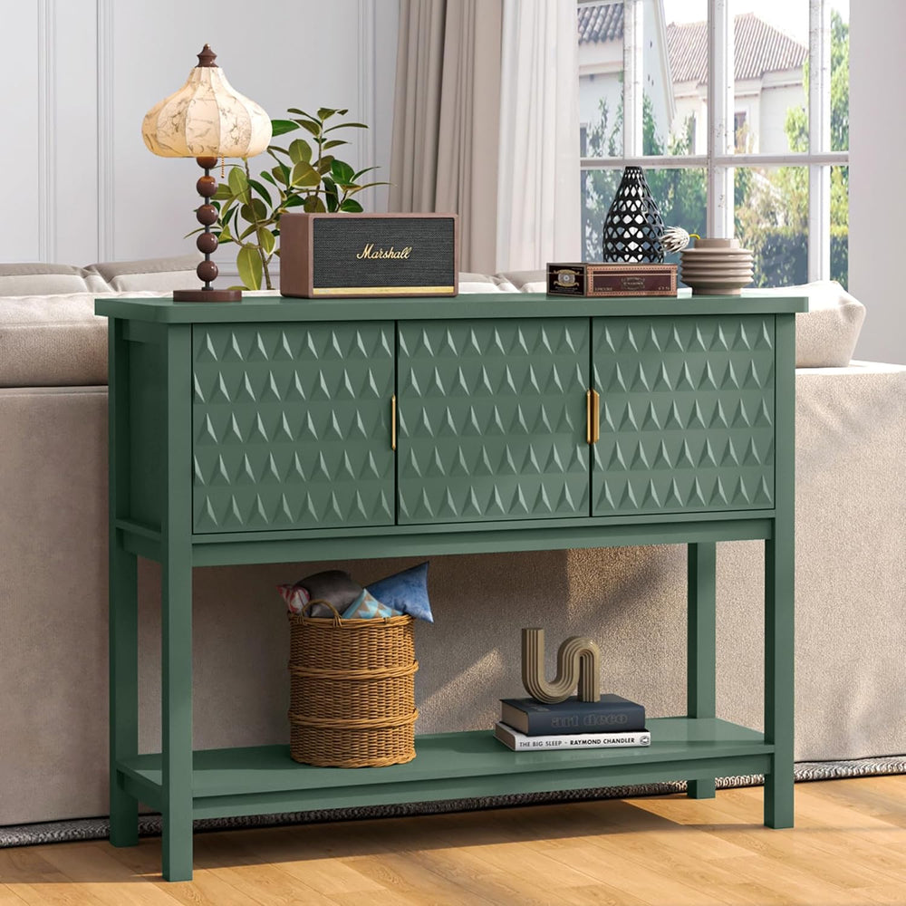 42” Modern Console Table with 3 Diamond Doors & Shelf for Entryway, Green...
