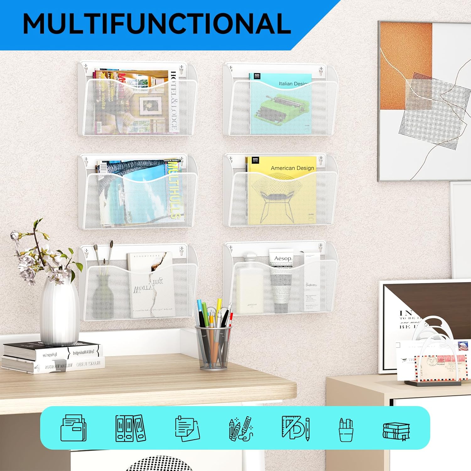 6 Single Pocket Wall File Holder, Mesh Hanging File Folder Paper Organizer, Vertical Wall Mounted Mail Basket, Storage Organization Magazine Rack for Office, Home and School, White
