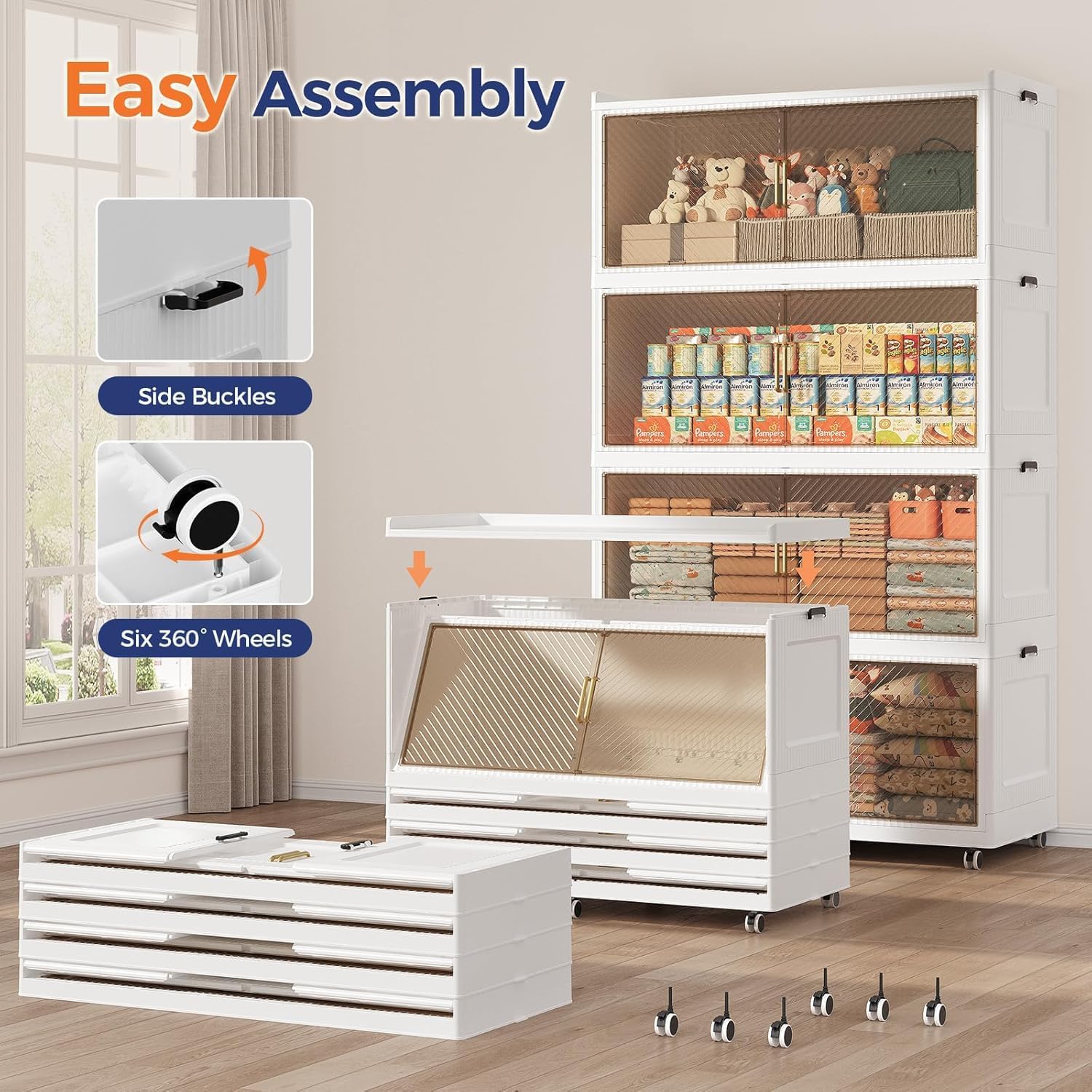 200GAL Extra Large Storage Bins with Lid, 800QT Collapsible Organizer with Wheels, Stackable Closet Cabinet with Doors, Folding Storage Containers for Home, Office, Kitchen, 4Pack White