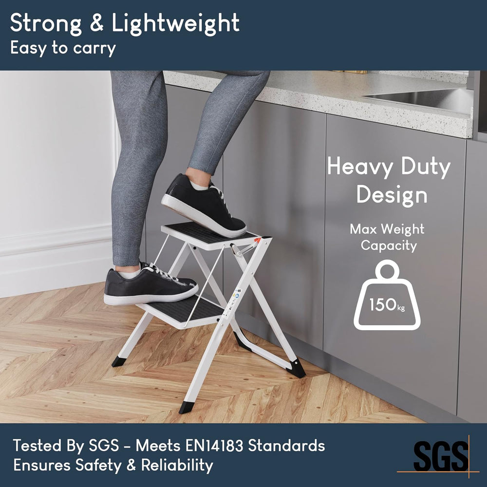 Home Vida 2 Step Ladder Compact, Heavy Duty Steel, Portable Folding, Anti-Sli...