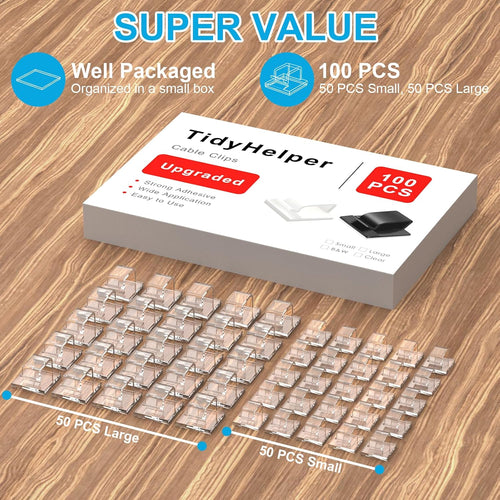 100 PCS Outdoor Light Clips Clear (Small & Large), Adhesive Cable Clips for Wall Wire Holder Cable Management Cord Organizer, Christmas Light Hooks for LED String Lights, Car Dash Cam, Extension Cord