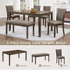 KEIKI 6-Piece Standard Height Dining Table Set with Rectangular Table, 4 Upholstered Chair, Bench, for 6 Person, Modern Style Wooden Table Set, Easy Assembly, for Kitchen, Dining Room, Dark Walnut