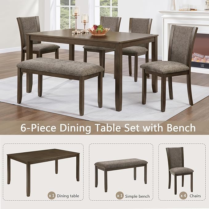 KEIKI 6-Piece Standard Height Dining Table Set with Rectangular Table, 4 Upholstered Chair, Bench, for 6 Person, Modern Style Wooden Table Set, Easy Assembly, for Kitchen, Dining Room, Dark Walnut