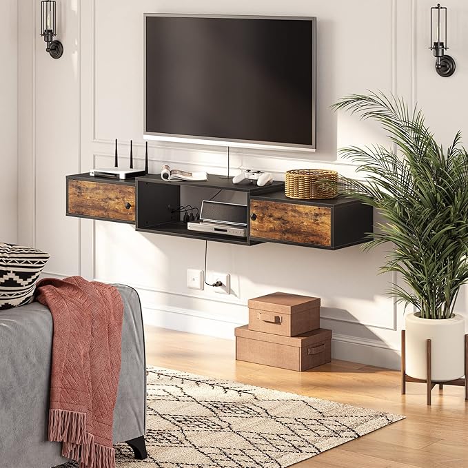 HOOBRO 55" Floating TV Stand with Power Outlet, Modern Wall Mounted Medi...