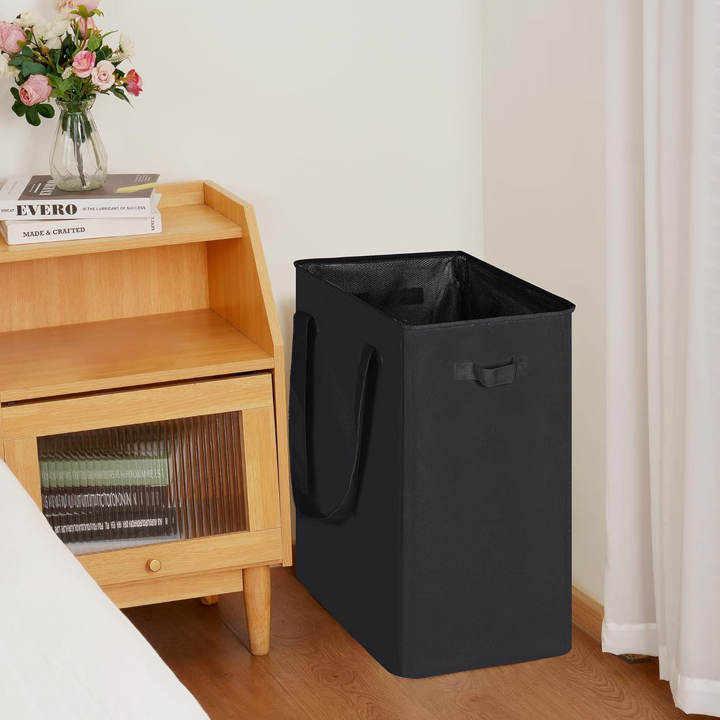 efluky Slim Laundry Basket, Narrow Laundry Hamper with Handles, Collapsible Dirty Clothes Hamper, Tall Laundry Bin for Laundry Room, Dorm and Bedroom, 90L Black