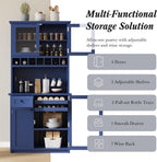 Merax Kitchen Pantry Cabinet, 74”Storage Cabinet with 2 Bottle Trays & 3 Adjustable Shelves, Kitchen Cabinets with Drawer and 7 Wine Rack, Glass Door, Tall Cabinets for Pantry, Blue