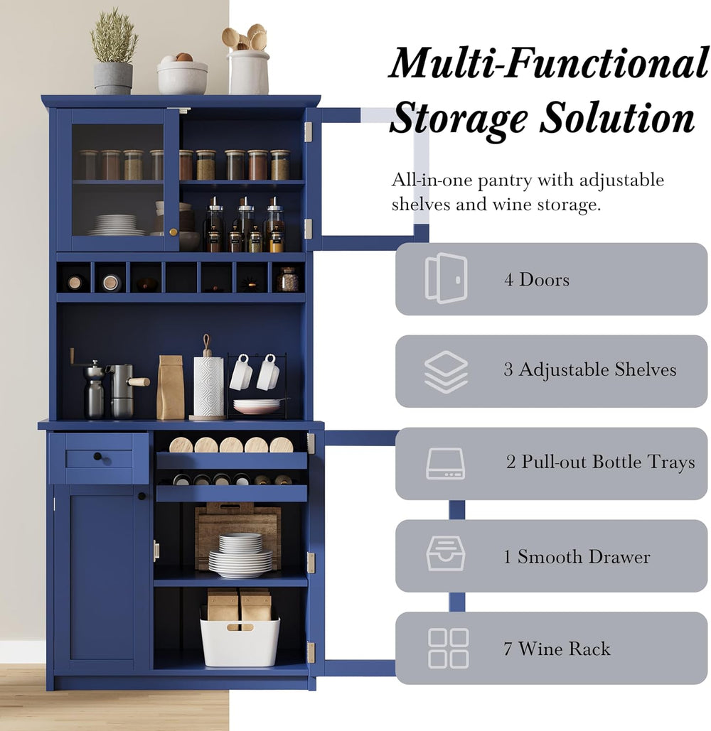 Freestanding Kitchen Pantry with Drawer, Adjustable Shelves & Wine, Blue ...
