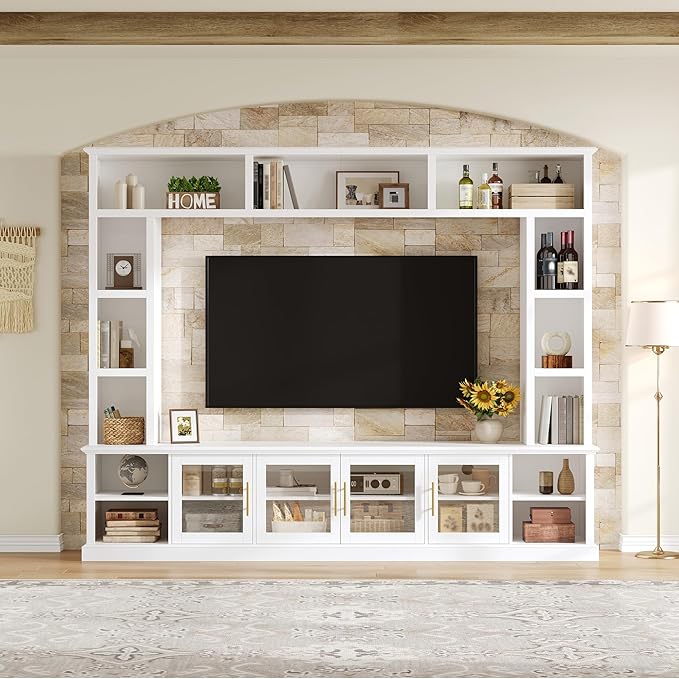 Merax 95" Entertainment Center for TVs up to 80", All-in-One TV Stand with Bookshelves & Storage Cabinets & Tempered Glass Doors & Adjustable Shelves, Modern Living Room Wall Unit Media Console, White