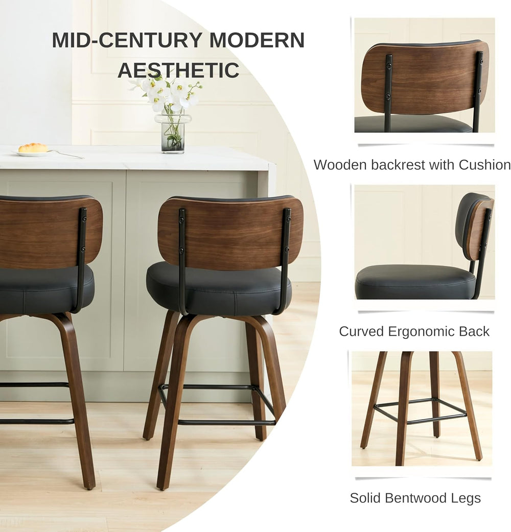 Swivel Bar Stools Set of 3, 26" Counter Height, Black | Walnut Wood Legs...
