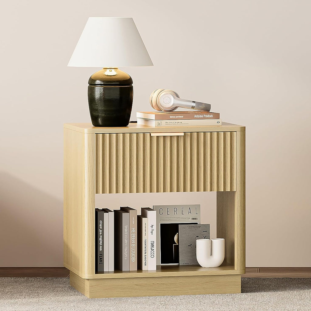 Fluted Nightstand with Charging Station Modern Bedside Table with Drawer and Open Shelf Mid Century End Table with Storage for Bedroom Living Room Sofa Office
