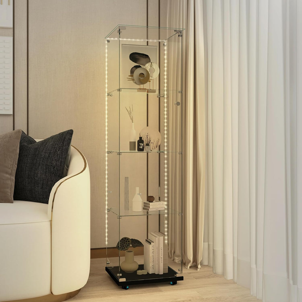 4-Shelf Glass Display Cabinet with LED Lights Strip and Lock, Curio Cabinets ...