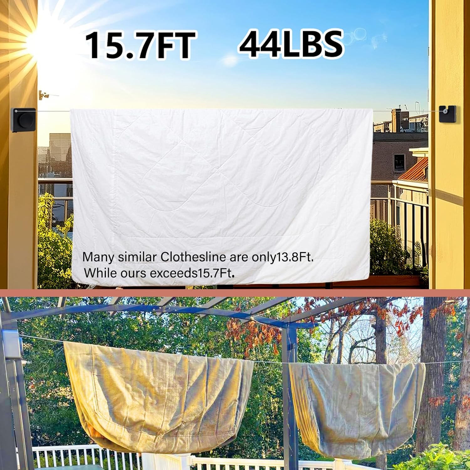 15.7Ft Retractable Clothesline Indoor an Anti-sag Retractable Clothesline Outdoor,Laundry Line Wall Mounted Stainless Steel Wire Laundry, with 12 Clip(White)