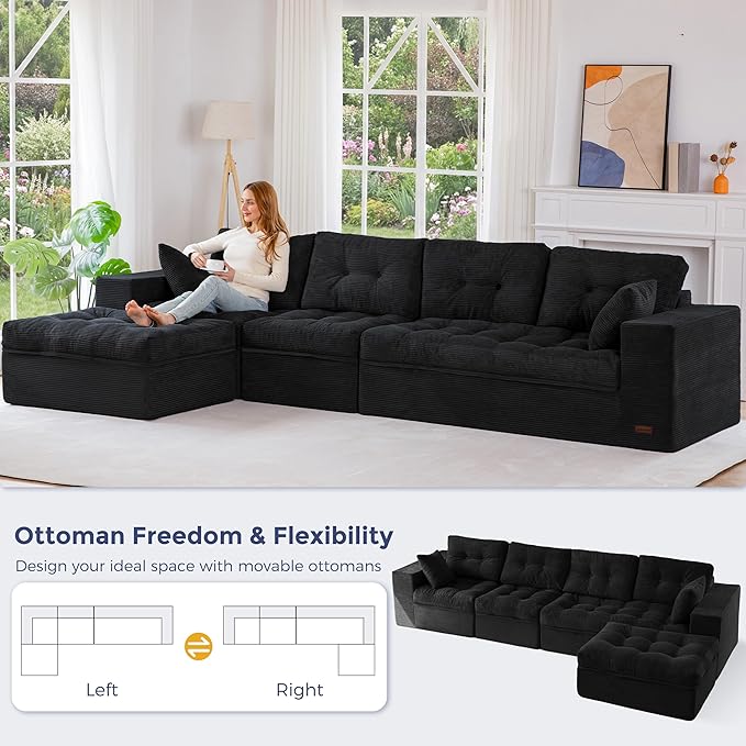 MAXYOYO 132" L Shaped Modular Sectional Sofa with Ottoman, Cloud Boneless Couch with Layered Cushion, Upholstered Sofa in a Box, Flexible Module Combination for Living Room, No Assembly, Black