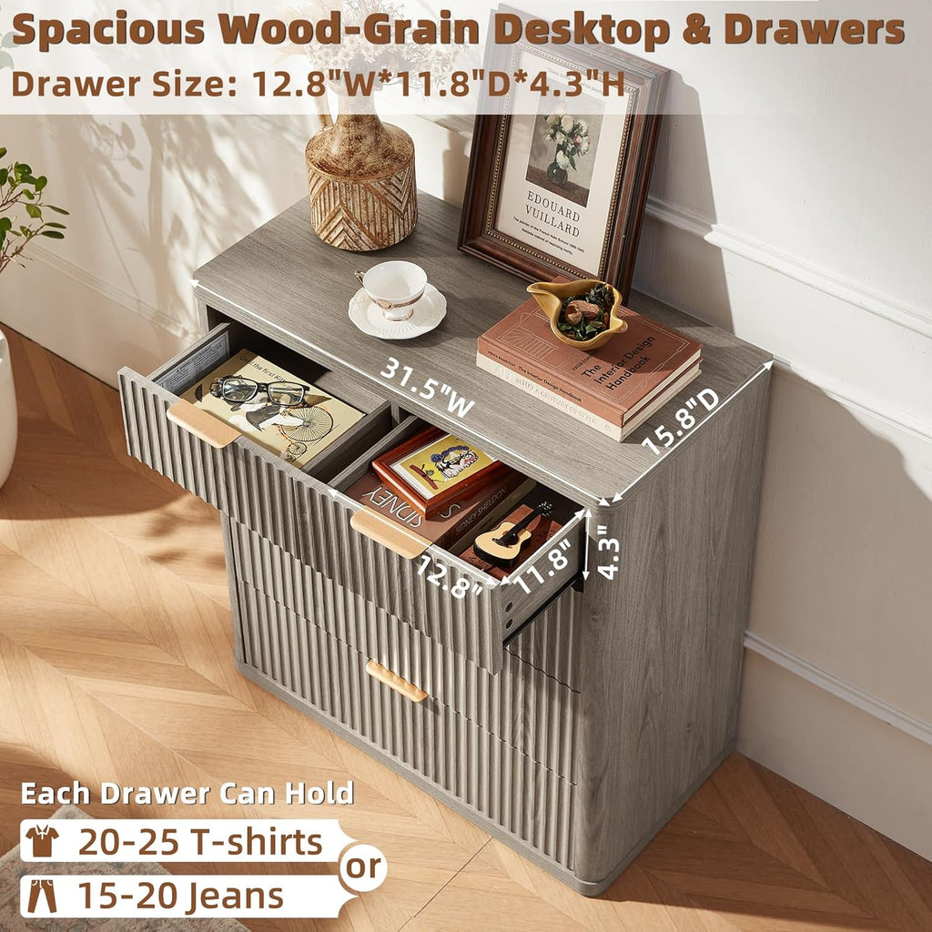 LEYAOYAO Fluted 5 Drawers Dresser for Bedroom, 34" Tall Modern Chest of Drawers with Metal Handle, Curved Profile Design,Grey Wood Drawer Organizer for Bedroom, Living Room, Hallway, Entryway
