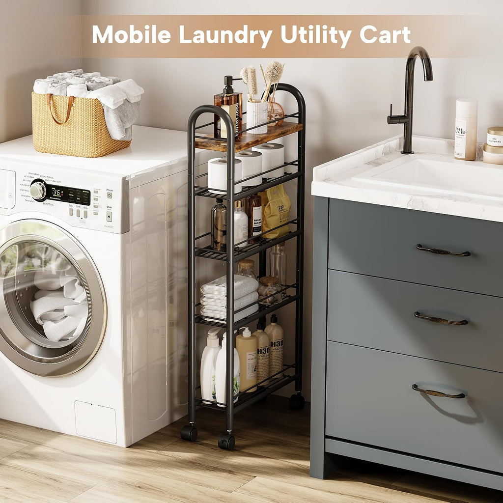 Slim Storage Cart, 5 Tier Narrow Utility Cart with Metal Frame and Wooden Top, Rolling Storage Organizer Shelving Unit for Kitchen, Dining Room, Living Room,Home Office, Vintage