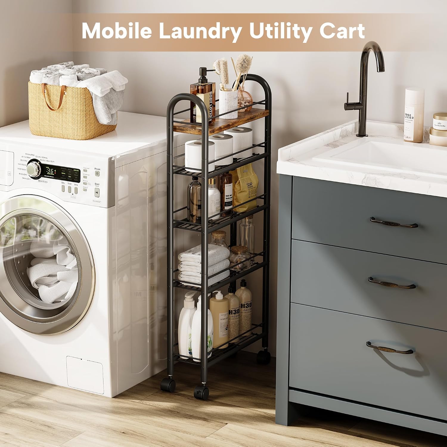 Slim Storage Cart, 5 Tier Narrow Utility Cart with Metal Frame and Wooden Top, Rolling Storage Organizer Shelving Unit for Kitchen, Dining Room, Living Room,Home Office, Vintage