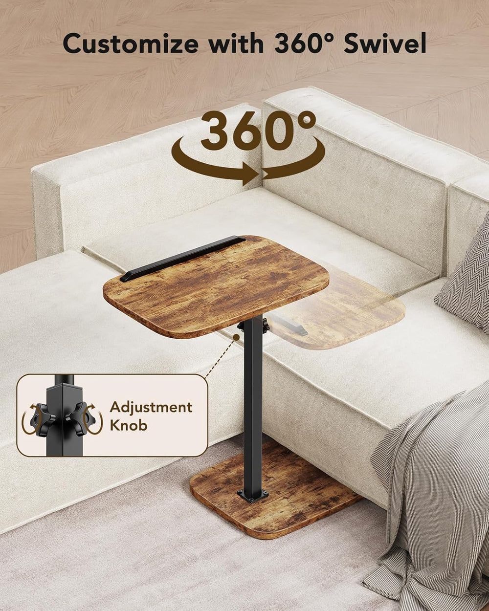 HUANUO TV Tray Table, Adjustable Height TV Tray with 360° Swivel & 90° Ti...