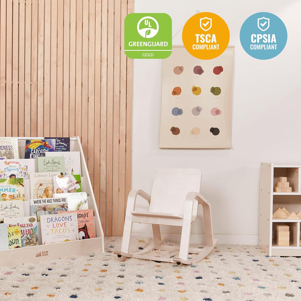ECR4Kids Bentwood Rocking Chair with Armrests, Montessori, White Wash | Durable birch, GREENGUARD Gold Certified, 2-5 years, 74 lb capacity, comfortable curved seat, nylon glides, classroom/home