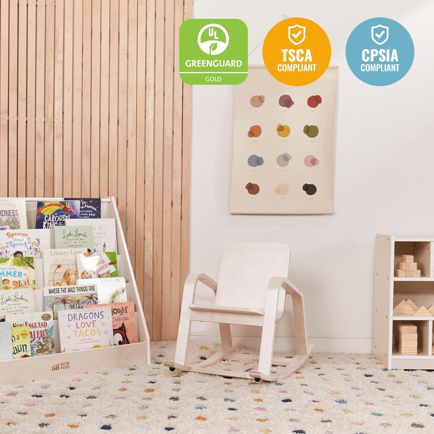 ECR4Kids Bentwood Rocking Chair with Armrests, Montessori, White Wash | Durable birch, GREENGUARD Gold Certified, 2-5 years, 74 lb capacity, comfortable curved seat, nylon glides, classroom/home